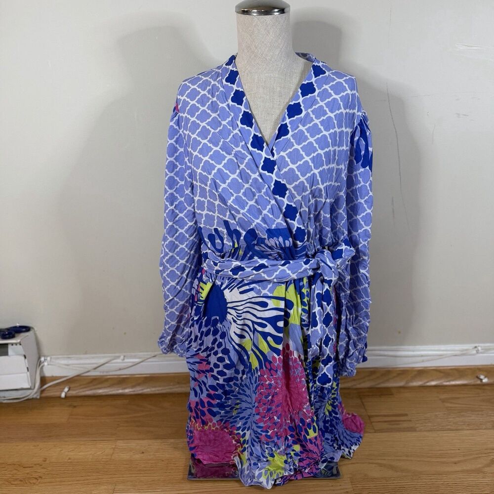 Celina Moon $263 Long Sleeve Floral Wrap Dress Blue Multi XL VNeck Vacation Chic